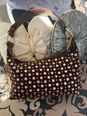 Kathy Van Zeeland Brown Suede Shoulder Bag with Crystal Studs